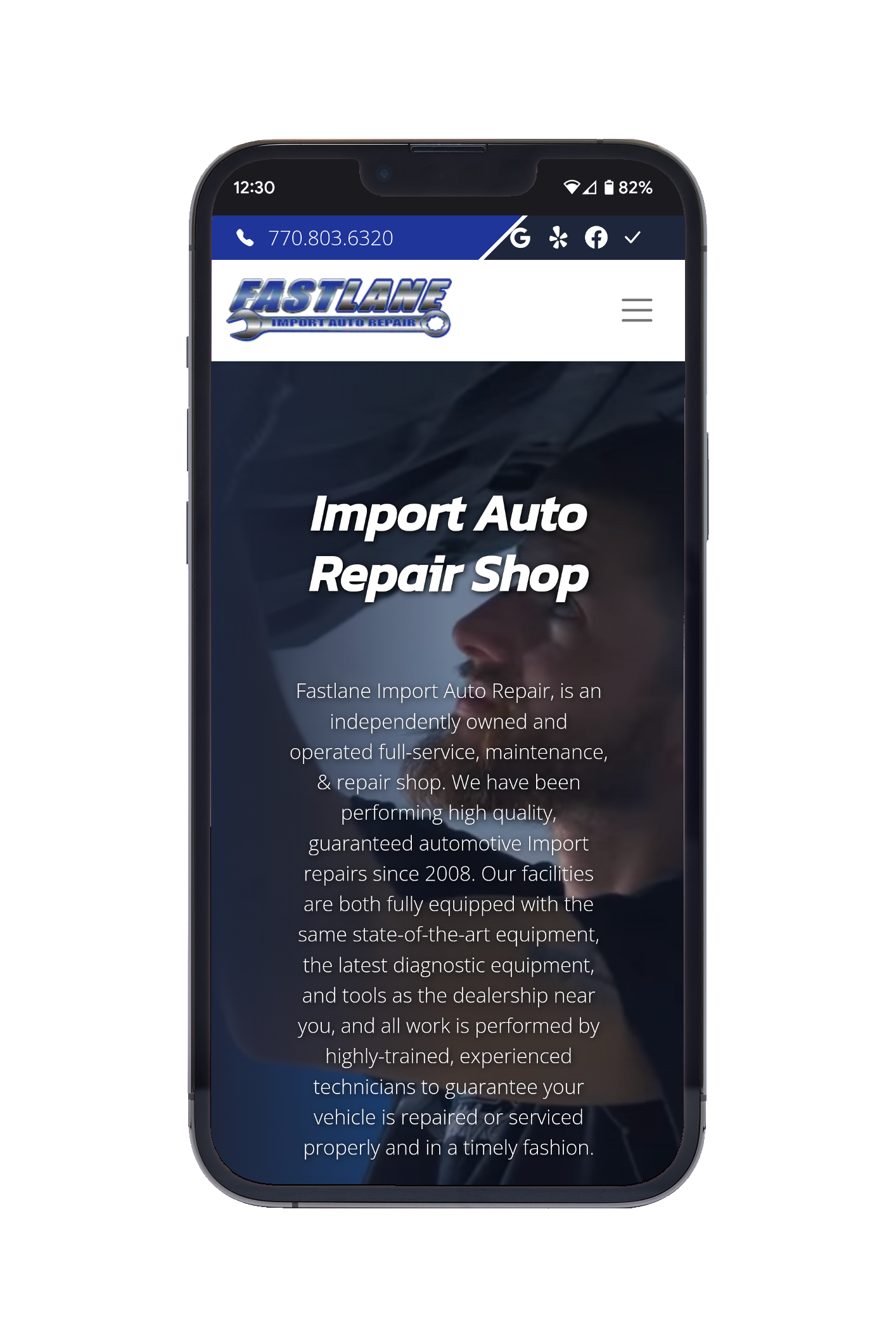 Smartphone Displaying Fastlane Import Auto Repair Mobile Website