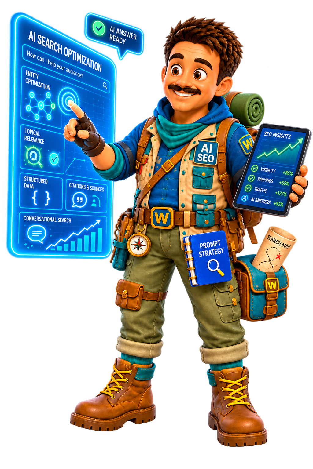 Webaam character representing ai seo