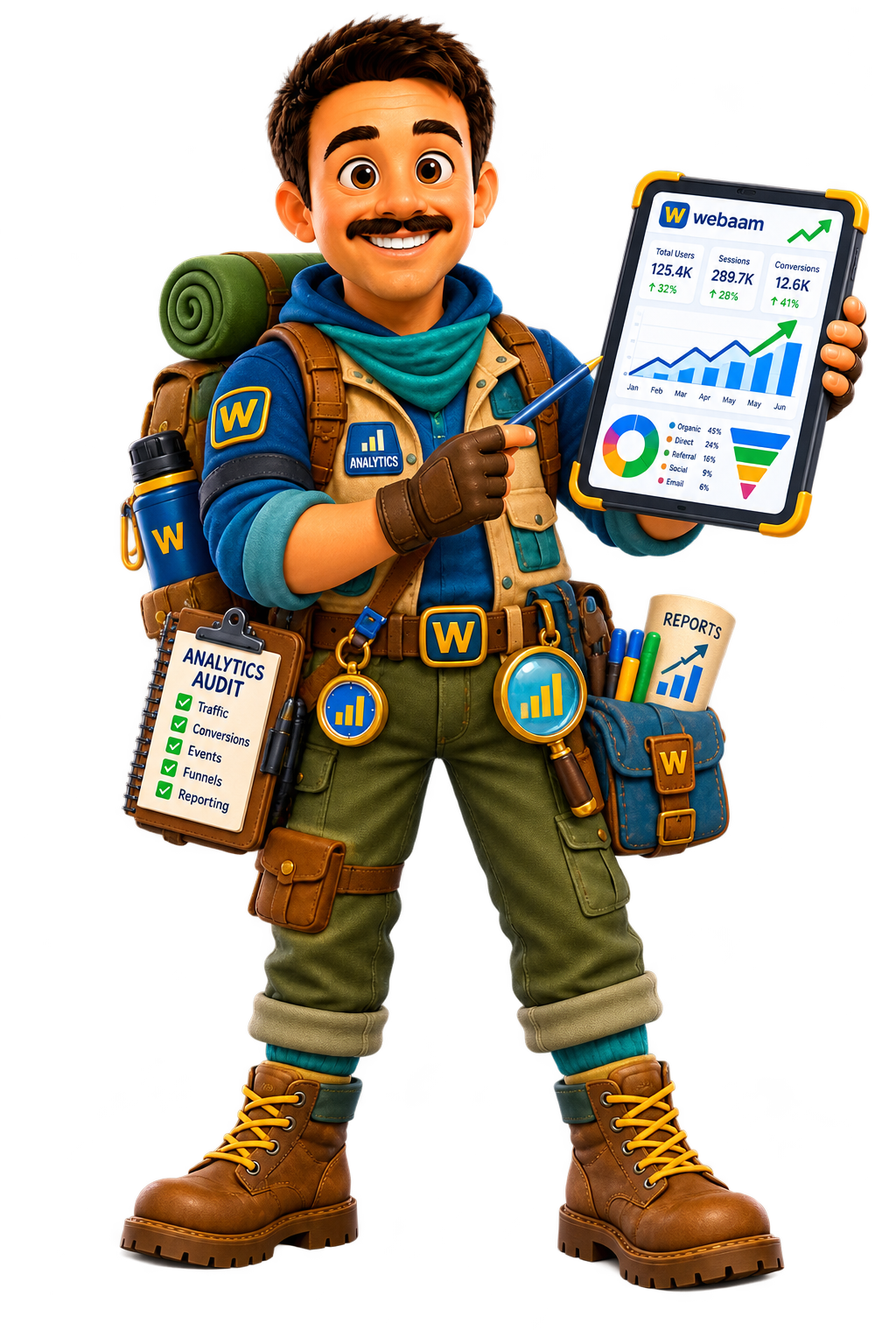 Webaam character representing analytics and conversion tracking