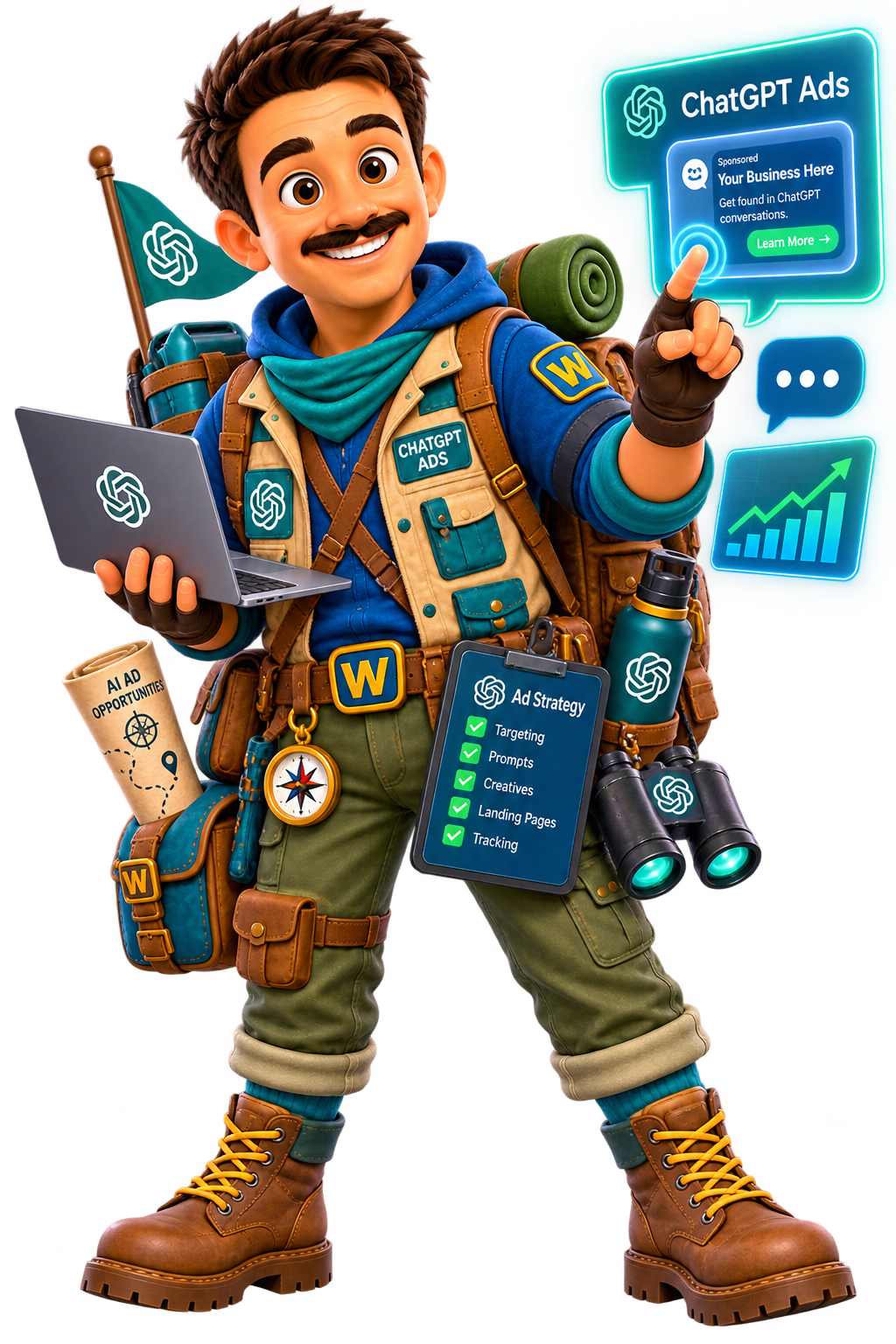 Webaam character representing chatgpt ads management