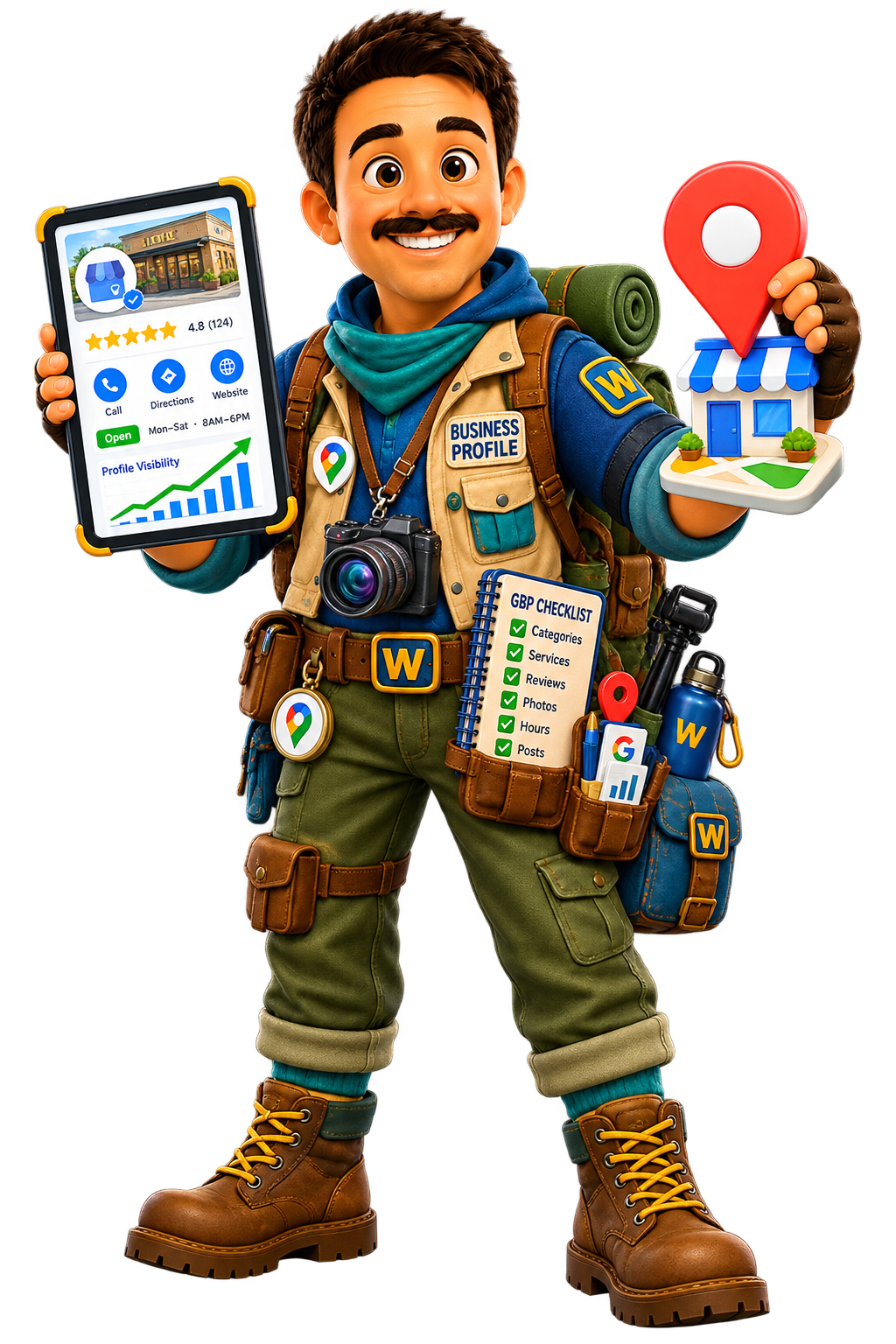 Webaam character representing google business profile optimization