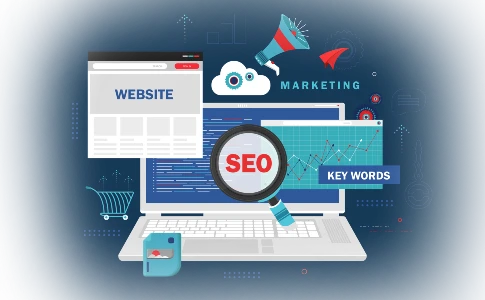 Laptop webpage seo keywords illustration